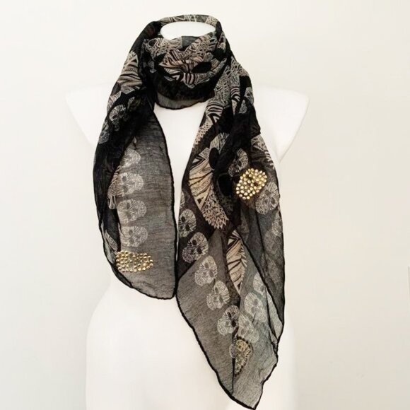 HUGE! Soft Black Gold Bling Skull Print Scarf NWT - Picture 1 of 7